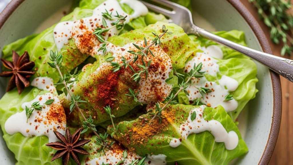 Close-up of tender green cabbage coated in creamy coconut sauce with fresh thyme and Caribbean spices