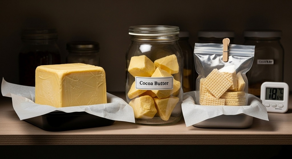 Cocoa butter blocks stored in a cool dark cupboard
