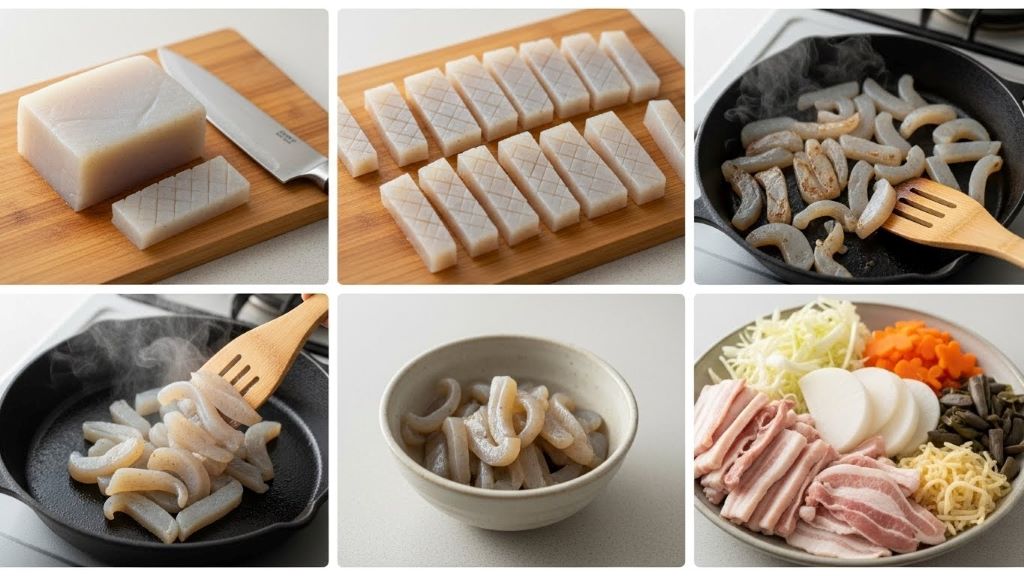 Step-by-step konjac preparation for Japanese tonjiru recipe including dry roasting in skillet to remove moisture and improve texture