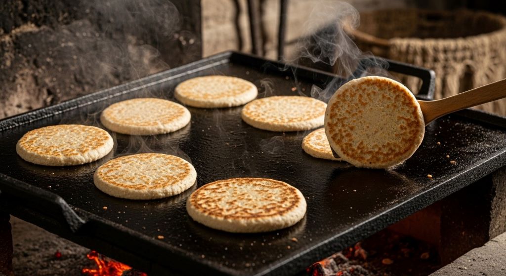 Traditional Scottish oatcakes cooking on flat iron griddle demonstrating ancient girdle cooking method with golden brown edges