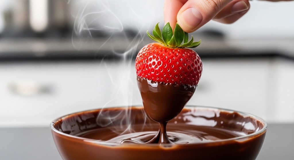 Hand dipping a fresh strawberry into melted chocolate for an easy homemade dessert.