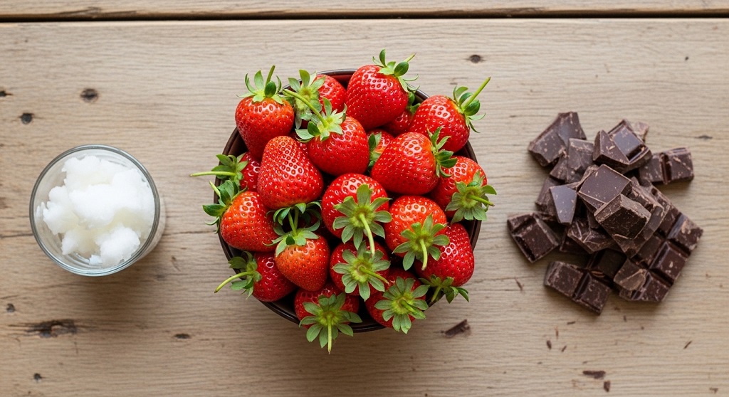 Ingredients for chocolate covered strawberries including fresh berries, chocolate chunks, and coconut oil.