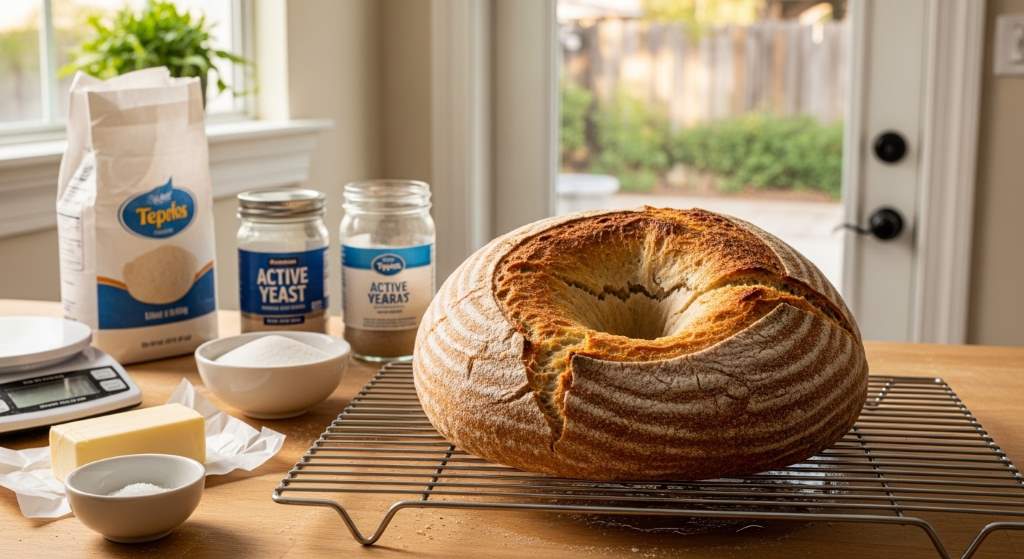Fresh homemade bread with collapsed center on wooden counter