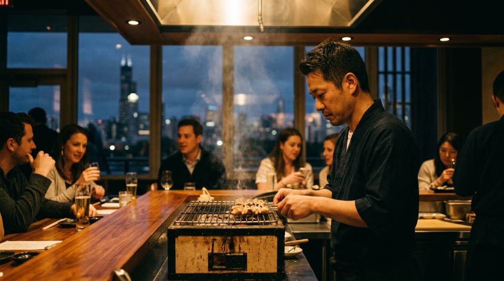 Warm ramen bowl served during winter at a busy Chicago Japanese noodle restaurant
