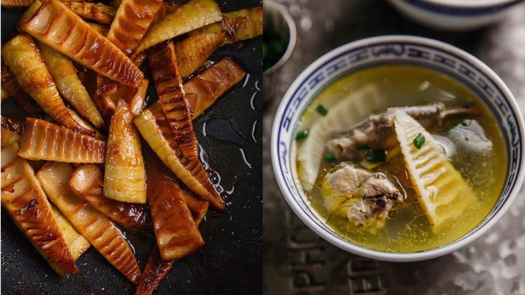 Bowl of bamboo shoot curry with herbs and spices served as an Asian homemade dish