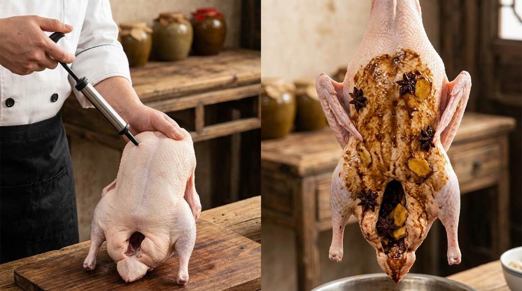 Chinese roast duck preparation and carving styles